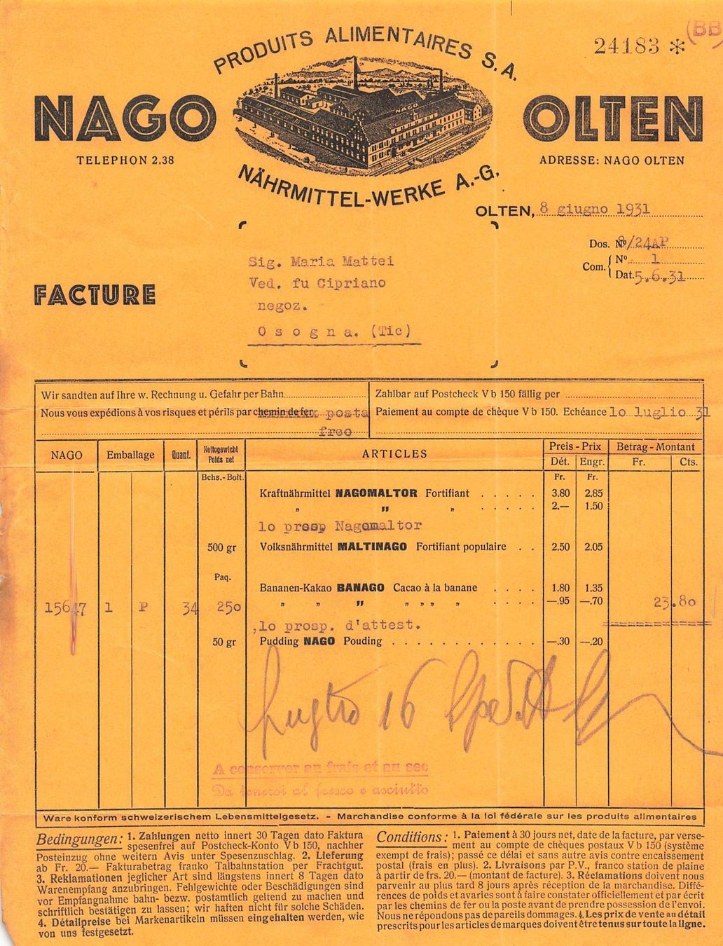 Cartoline postali: Nago Olten Lithographien Rechnung – Usato da Biasca venduto da Blenio71