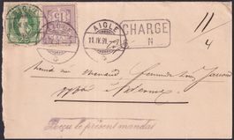 1891: 67A+64A Chargé-Brief von AIGLE: recu le Présent mandat