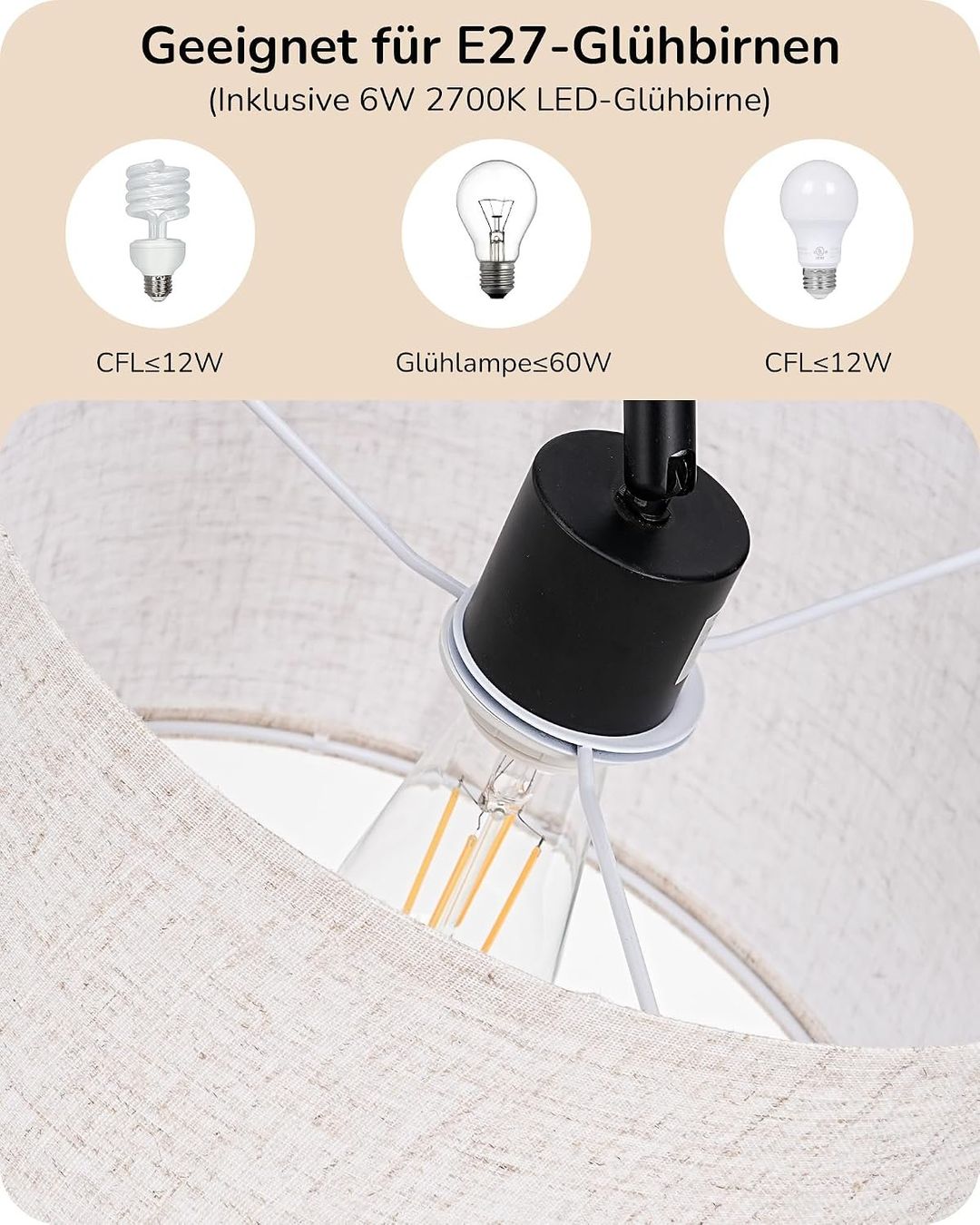 Lampade: Stehlampe 160 cm Bogenlampe Schwarz Beige E27 LED – Nuovo e nell'imballaggio originale da Schaffhausen venduto da schwizerchaes 4