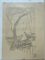 Maurice Barraud , au crayon, arbres et barques
