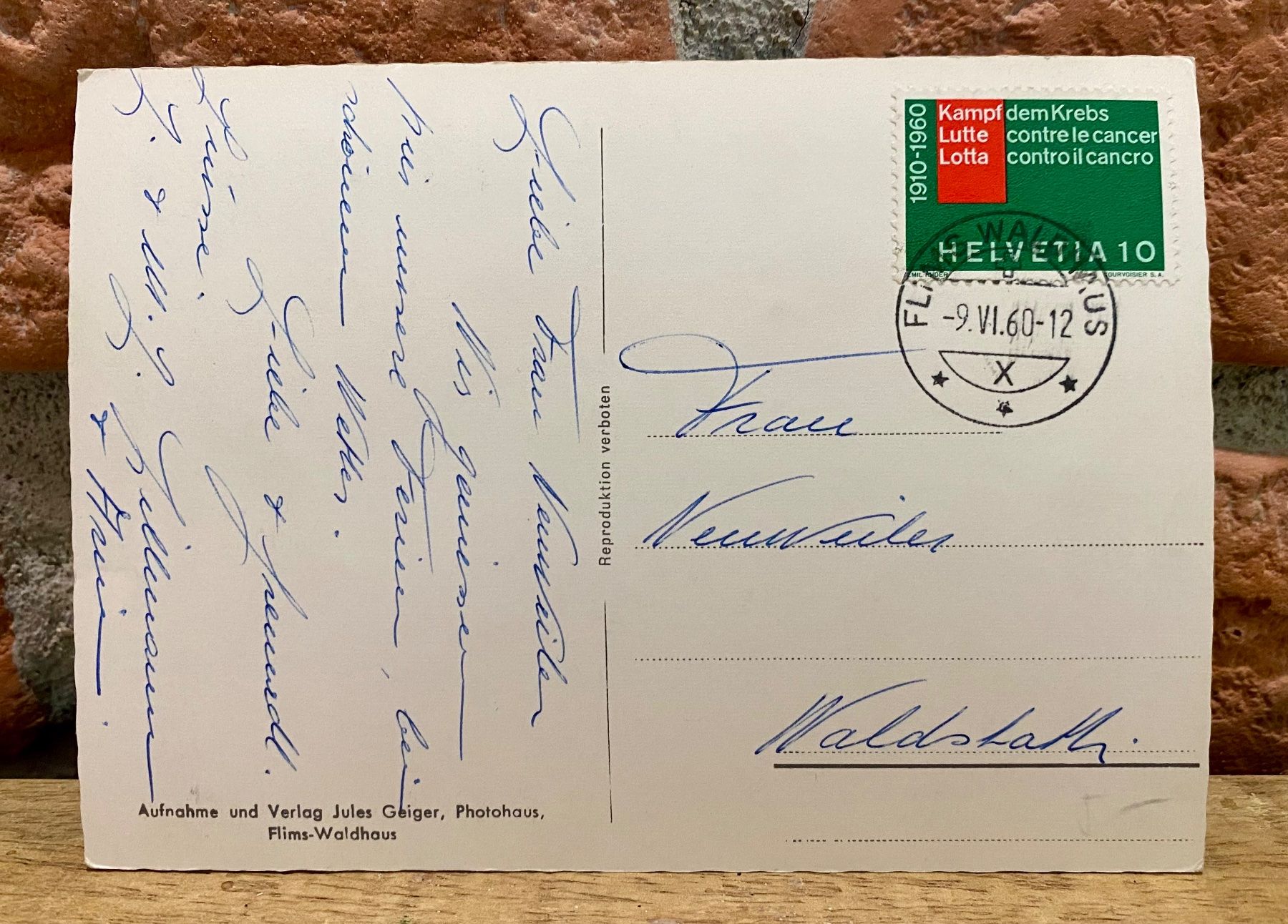 Cartoline postali: 1960 - FLIMS - Waldhaus mit Piz Riein – Usato da Root venduto da ENGLAND-TREASURES 2