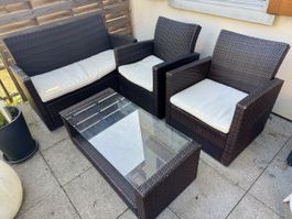 Polyrattan Gartenlounge 4-teilig mit Glastisch & Sitzkissen