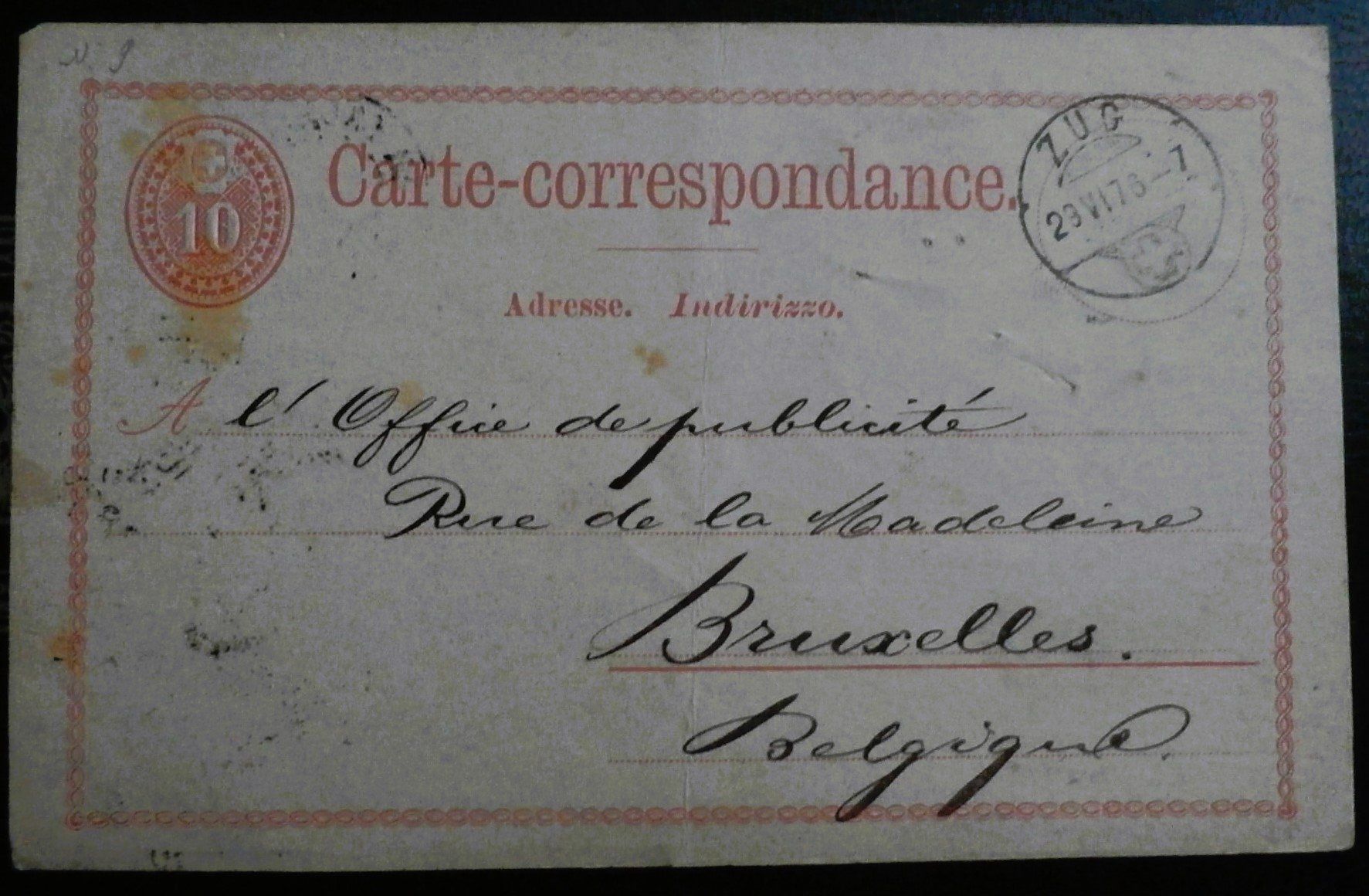 Tutti i francobolli: CH Postkarte 1877 Zug-Bruxelles – Usato da Kehrsatz venduto da Bernherb2 1