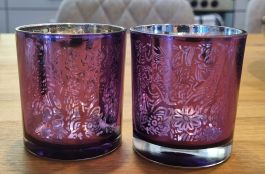 2er Set Teelichthalter aus Glas, Lila / Silber