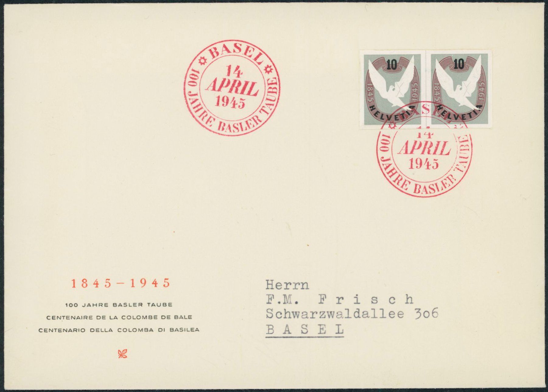 Alle Briefmarken: 1945 - Basler Taube - Blockausschnitte - FDC ET – Gebraucht aus Schindellegi von leecollect