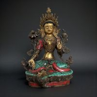 Grüne Tara Bronze Figur Tibet mit Türkis & Koralle Buddha