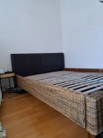 Bettgestell Rattan mit Lattenrost und Lederkopfteil 140x200