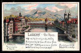 Lithographie Luzern, Die Reuss, 1902