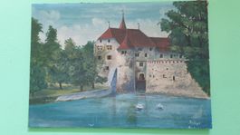 Gemälde Öl auf Leinwand von Ad. Engel "Schloss Hallwil"
