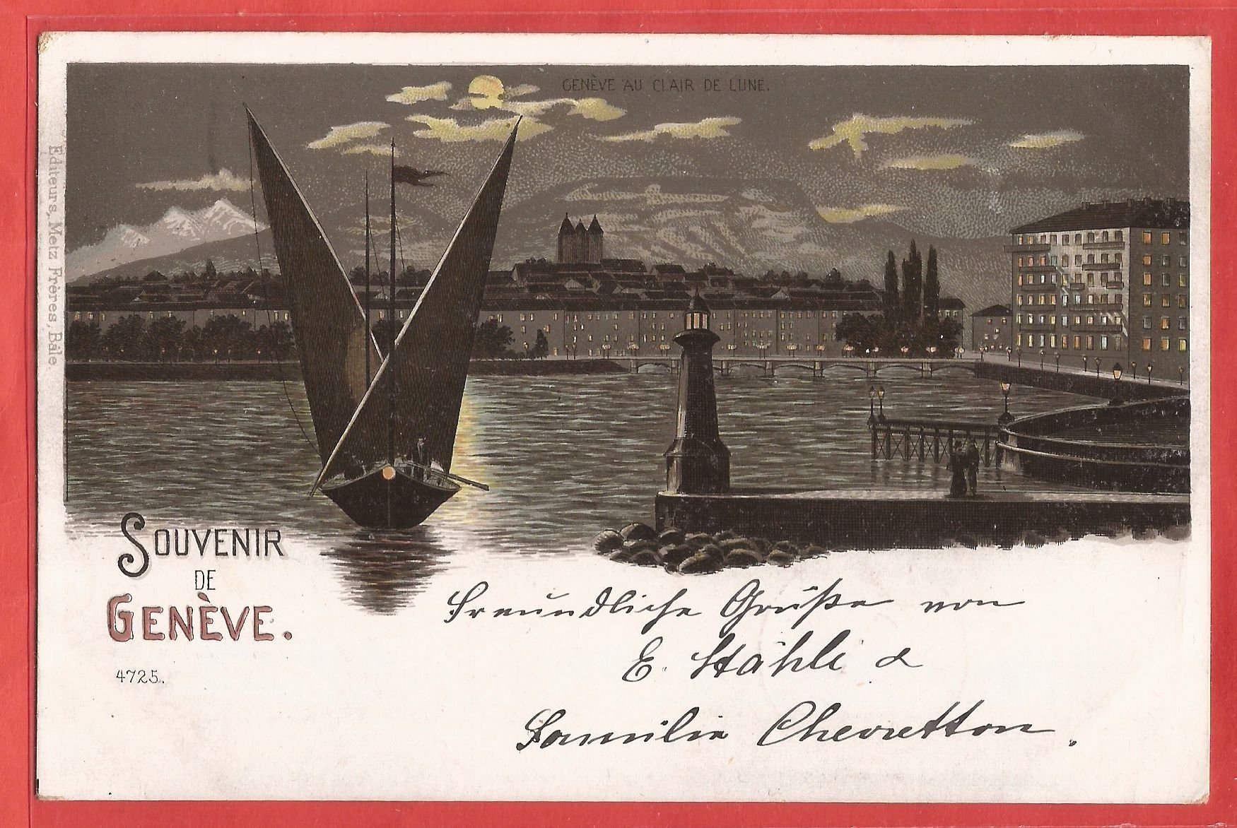 Cartoline postali: Genève - Barque im Hafen - Litho 1899 – Usato da Fislisbach venduto da Porano