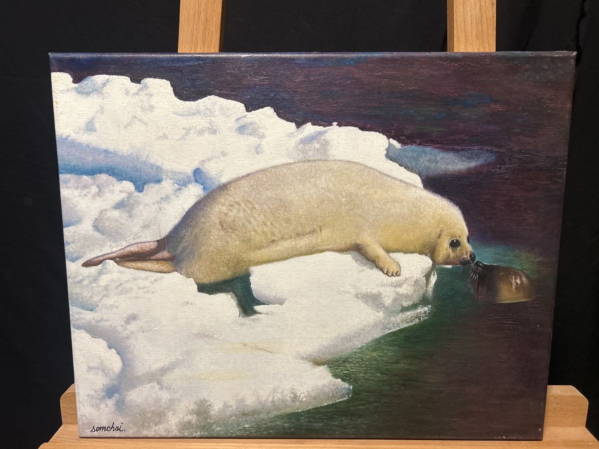 Gemälde: Ölgemälde, Robbe auf Eisscholle, Winterdeko, 40 x 50 cm – Gebraucht aus Glarus von KunstWerkEr-LS87