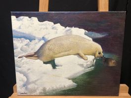 Ölgemälde, Robbe auf Eisscholle, Winterdeko, 40 x 50 cm