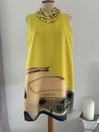 Robe d'été chic jaune motif voiture vintage, taille L 40 car