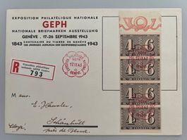 1943 GEPH Genf Einges.Brief mit W15 senkrechter 4er Streifen