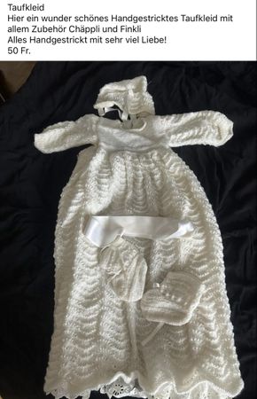 Handgestricktes Taufkleid Set mit Chäppli & Fäustling 49