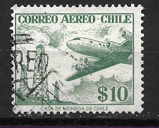 Tutti i francobolli: Chile 1956: Flugzeug über Bohrtürme – Usato da Zürich venduto da Rainstamps