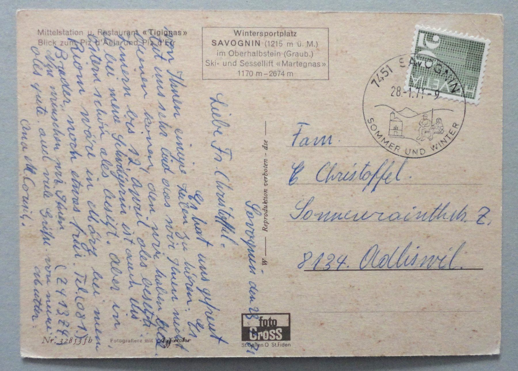 Cartoline postali: Savognin, Mittelstation u. Rest. "Tigignas" – Usato da Fétigny venduto da Billy2miny 1