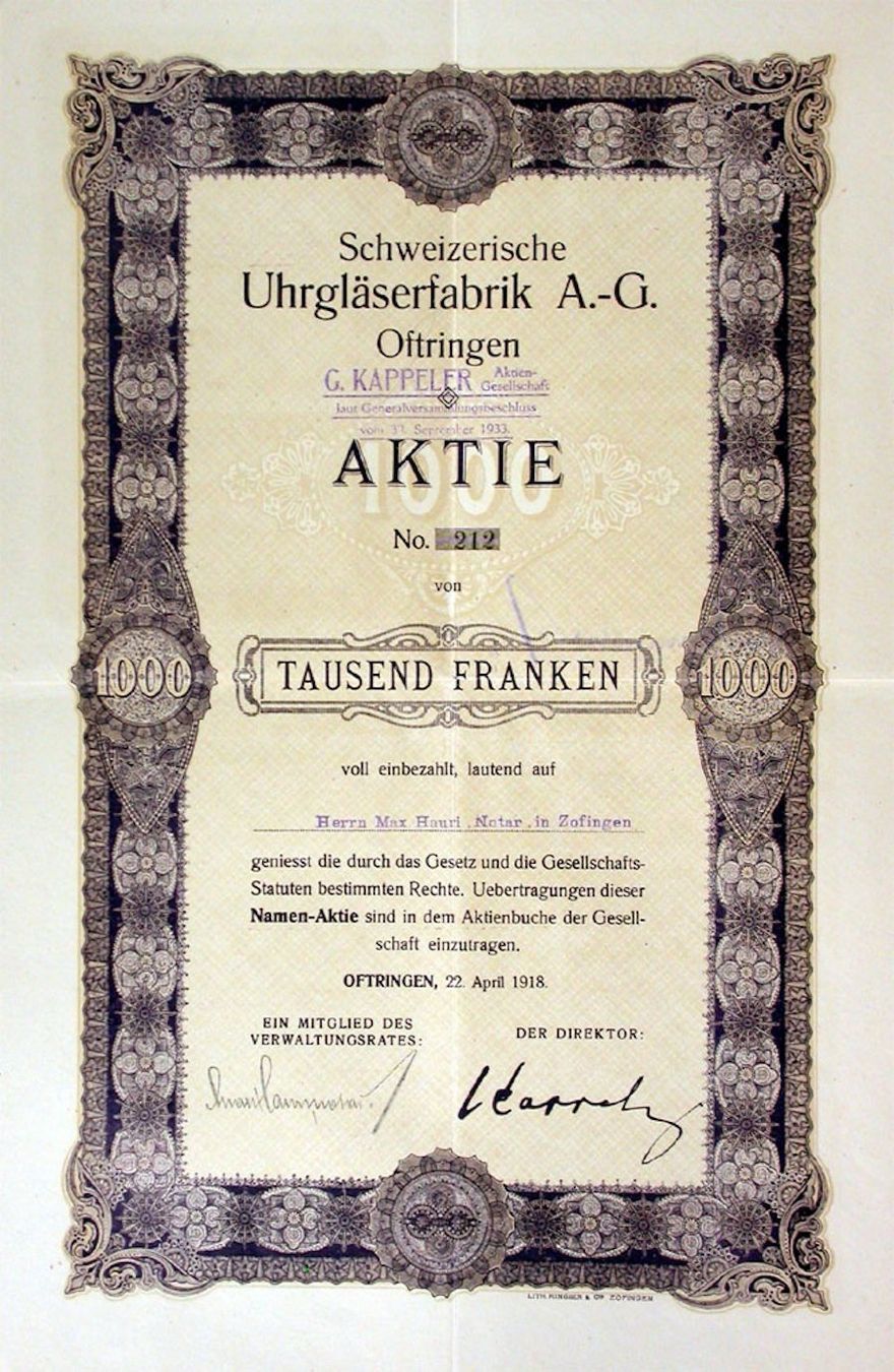 Dokumente: Schweizerische Uhrgläserfabrik AG Oftringen - 1918 – Gebraucht aus Solothurn von Sgasche