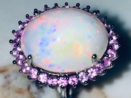 15cts Precious White Opal & Pink Sapphires Halo SS925 Ring