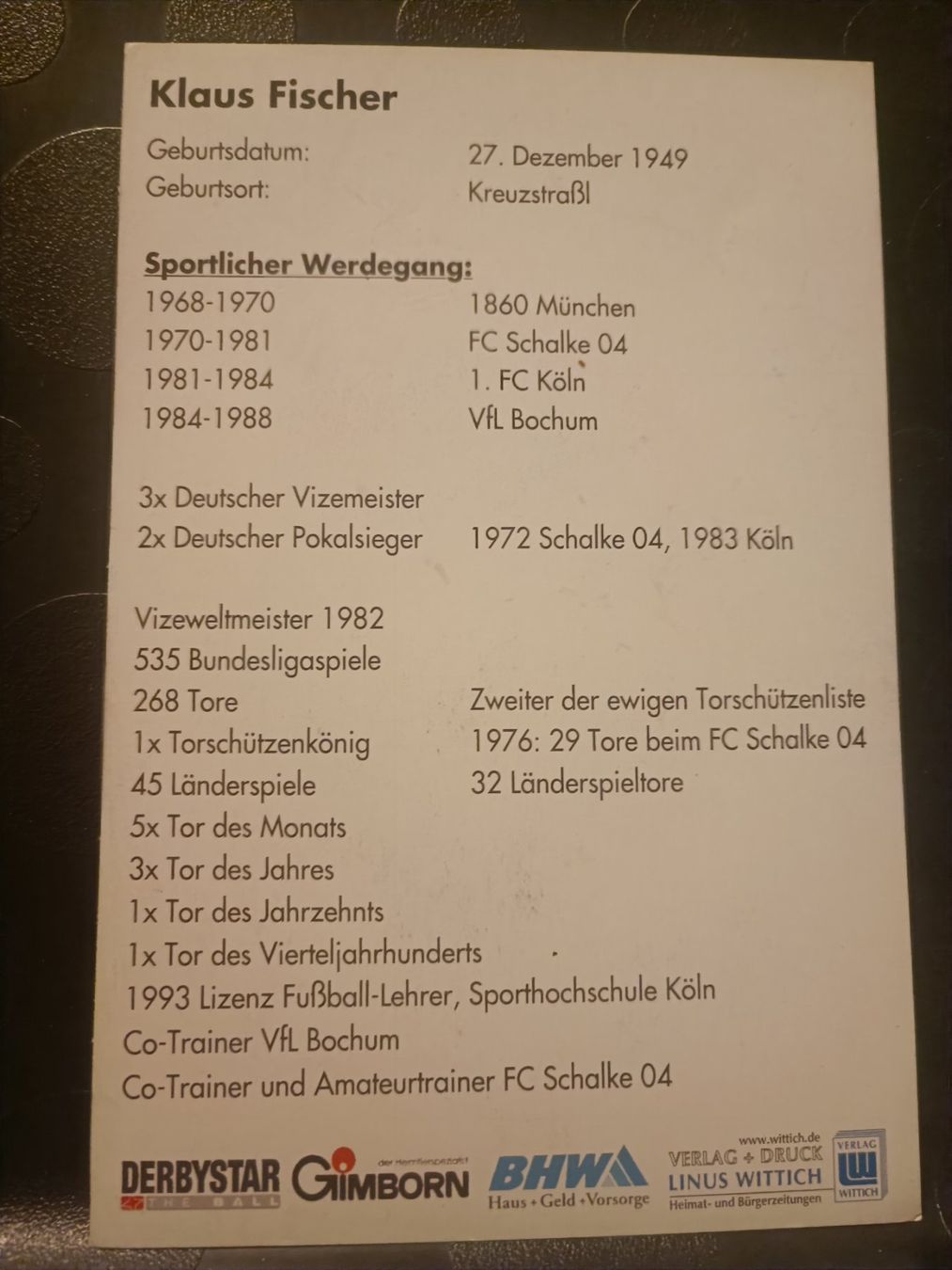 Autografi: Klaus Fischer - handsigniert Autogrammk – Usato da Menziken venduto da Artographs 1
