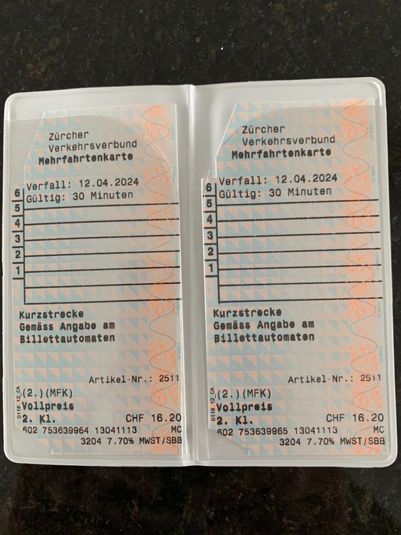 ZVV zwei Mehrfahrkarten Kurzstrecke Zone 110, 2. Klasse | Kaufen auf ...