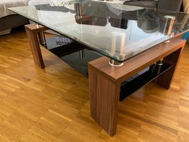 Couchtisch Glas und Holzoptik mit Ablage