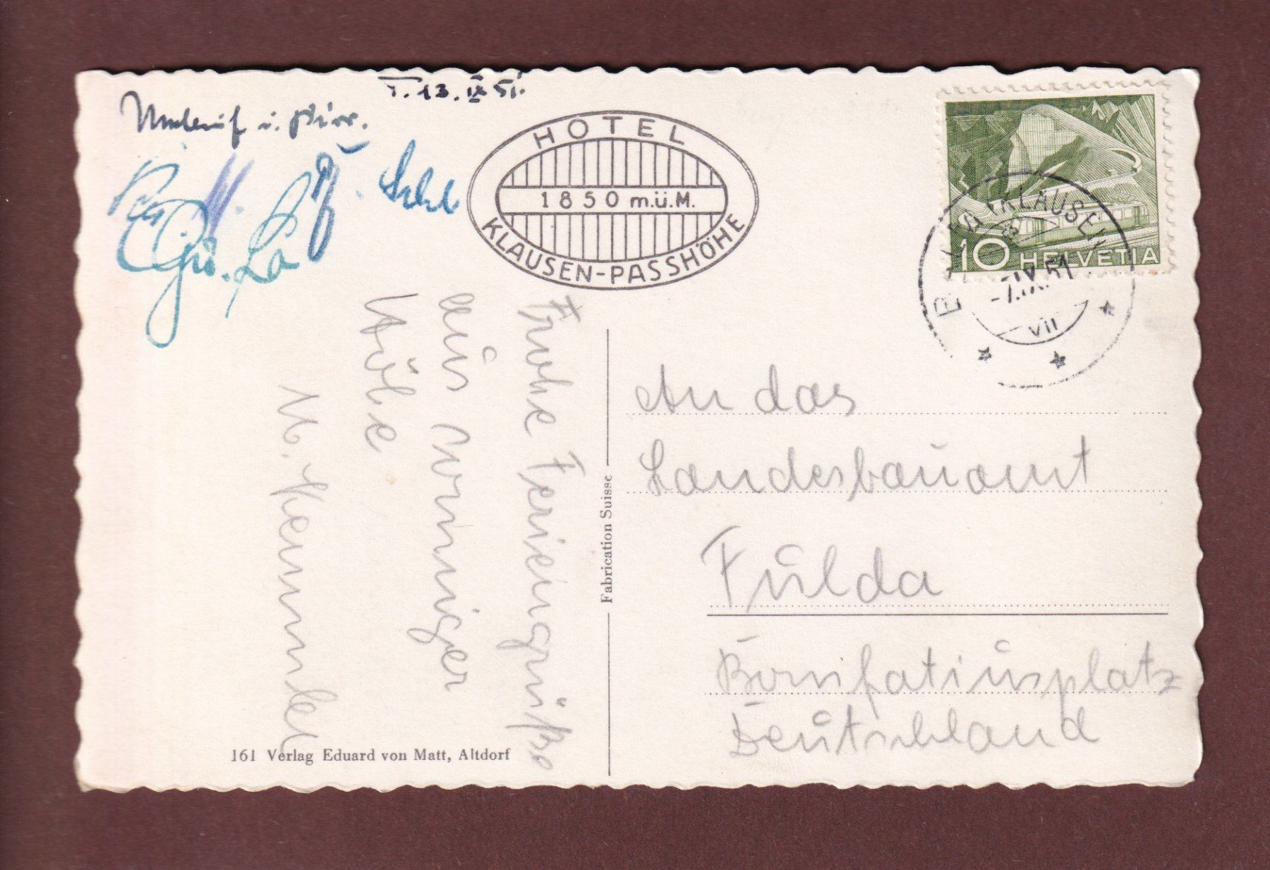 Cartes postales: Hotel FLAUSEN-PASSHÖHE - 1951 – D'occasion à Pully par nicecards-shop 1