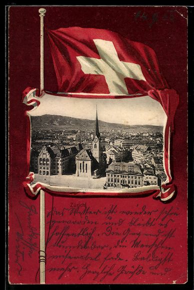 Cartoline postali: Litho Zürich, Ortsansicht mit Kirchturm – Usato da Berlin venduto da bartko-reher