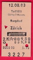 KARTON BILLETT, BURGDORF - ZÜRICH, 2.KLASSE, RETOUR, 1983