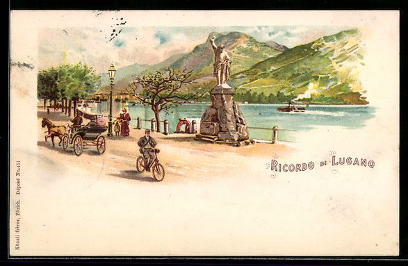 Cartoline postali: Litho Lugano, Uferpromenade mit Postkuts – Usato da Berlin venduto da bartko-reher