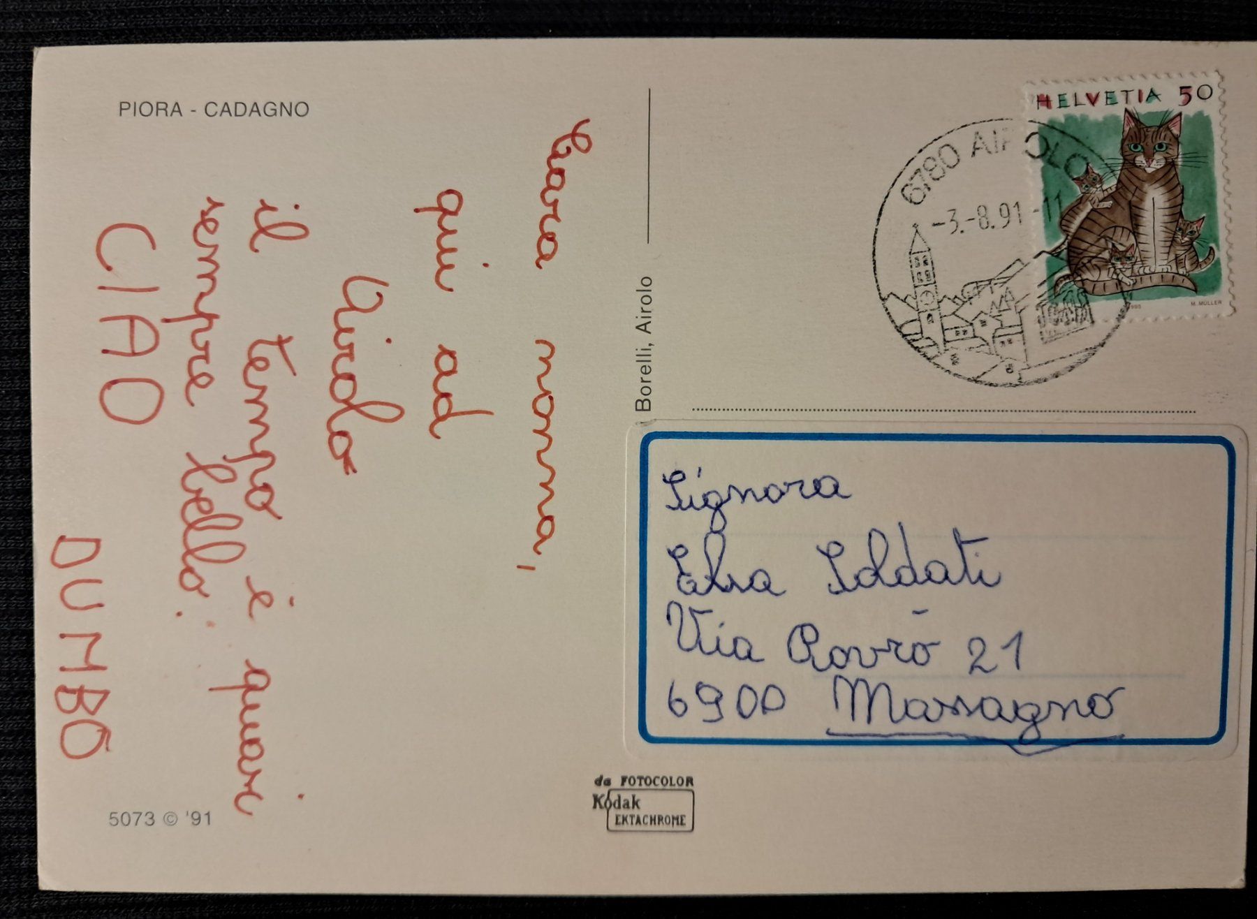 Cartoline postali: PIORA  - CADAGNO 1991 – Usato da Ponto Valentino venduto da giorgia06 1