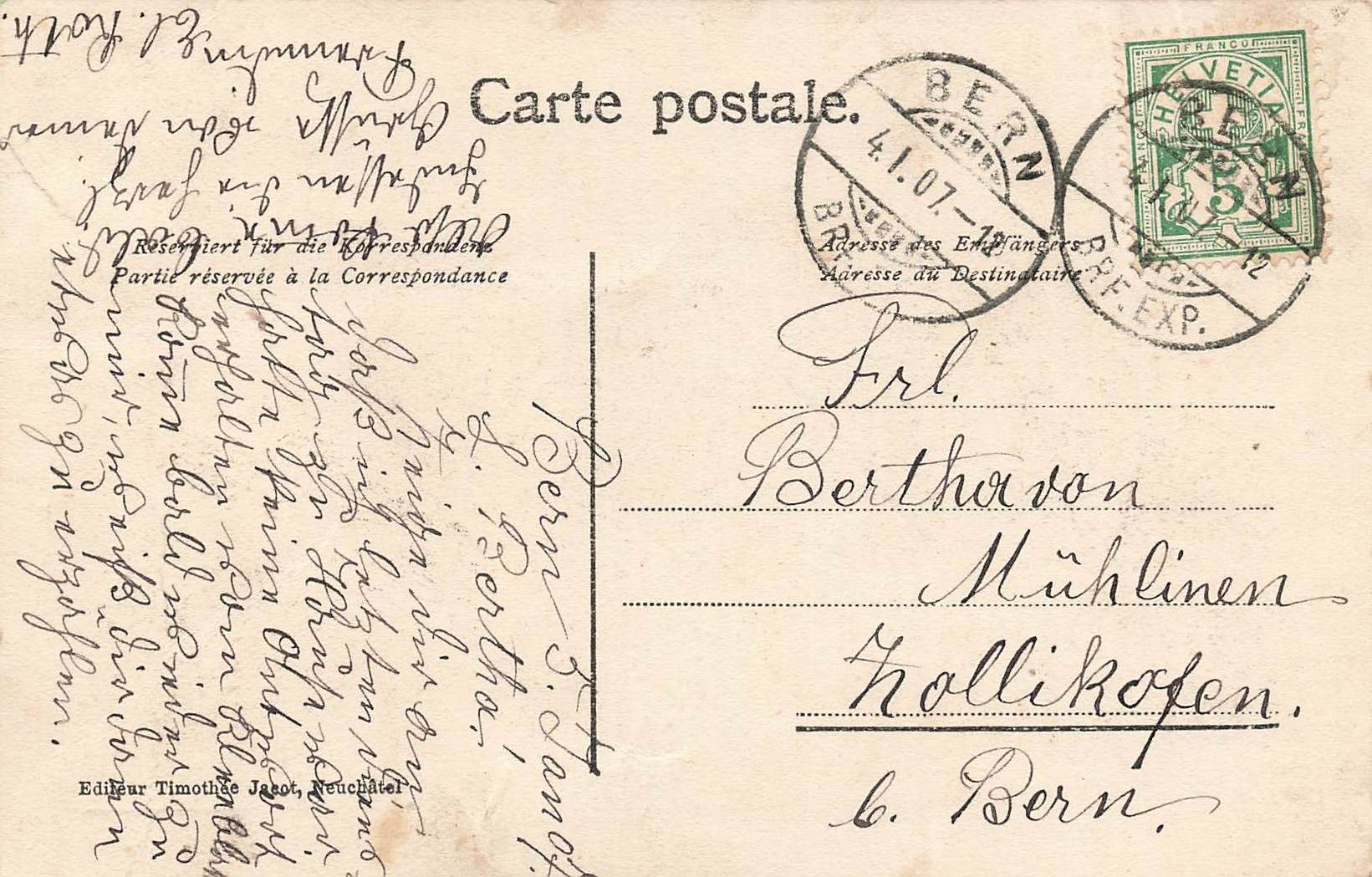 Cartoline postali: Bern 1907 piccolo strappo sotto lo zero – Usato da Biasca venduto da Blenio71 1