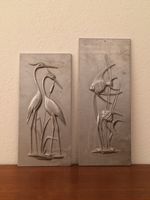 2x vintage Alu Wandrelief Aluminiumguss Bild Fisch Kranich