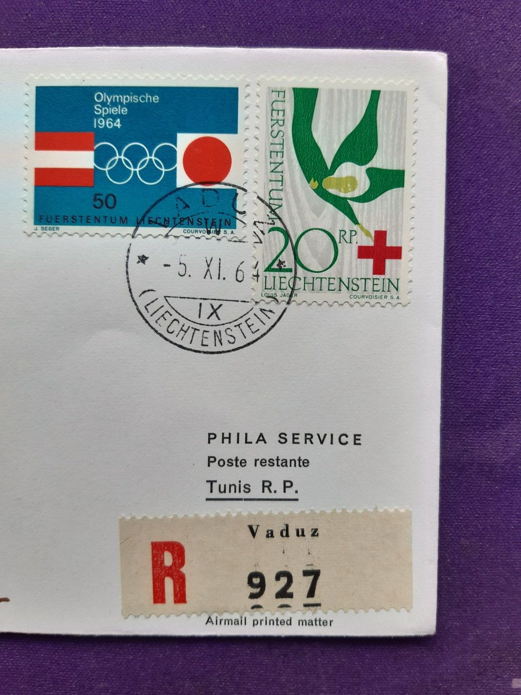 Tutti i francobolli: Flugbrief Vaduz-ZH-TUNIS, eingeschrieben, 5.XI.1964 – Nuovo (secondo la descrizione) da Wangs venduto da weisstannen01 1