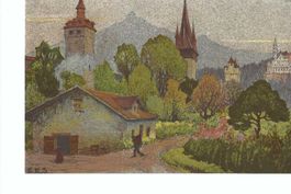 Luzern, Ernst E. Schlatter, Museggtürme u Gütsch, Litho