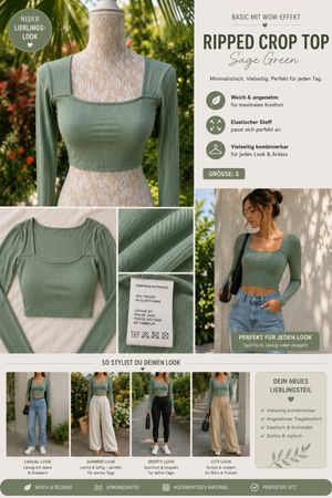 Ribbed Crop Top, Mint-Grün Stretch S Neu Frühling Sommer wow