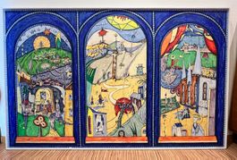 Gemälde Triptychon Geburt 190x120 cm hat 18'000 gekostet