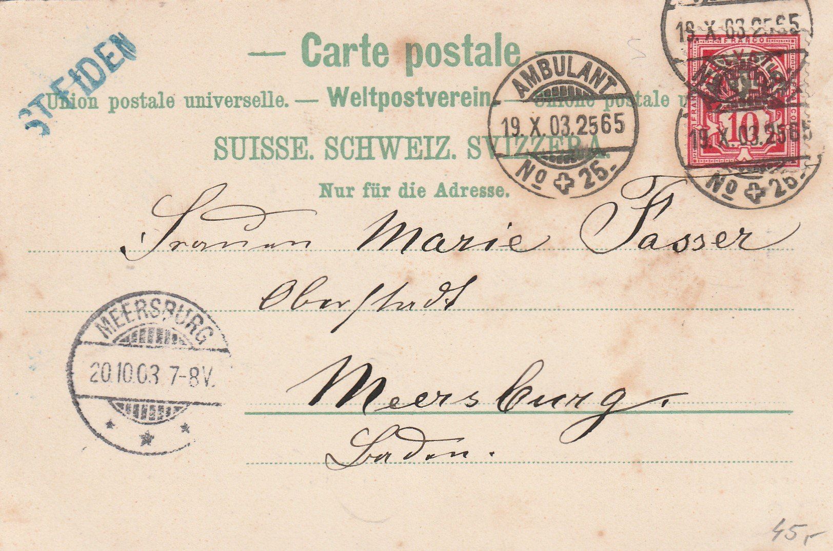 Ansichtskarten: St.Fiden -Bahnpoststempel 1903-blauer Balkenstempel-ST.FIDEN – Gebraucht aus uttwil von Koehlerfred 1