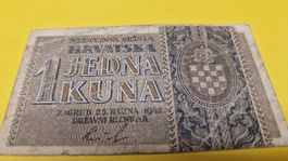Seltene 1 Kuna Banknote, NDH, Zagreb, 25.Ruijnar 1942!