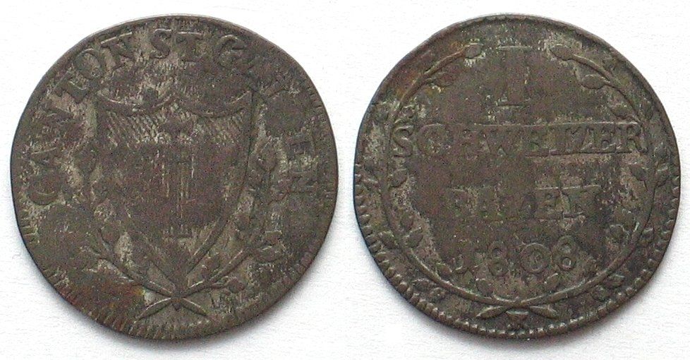 Alle Münzen: ST. GALLEN Kanton 1 Batzen 1808 Billon – Gebraucht aus Riehen von sesambestcoins2004