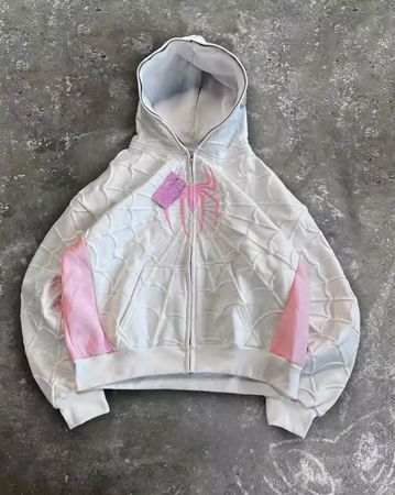 Sweat à capuche zippé blanc rose motif toile neuf