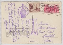 AK Eiffelturm 1948 gelaufen – Sonderstempel Paris Neuchâtel