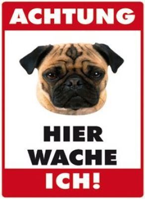 Insegne: Blechschildkarte-MOPS-ACHTUNG WACHE ICH – Nuovo e nell'imballaggio originale da Rupperswil venduto da big-one-sale
