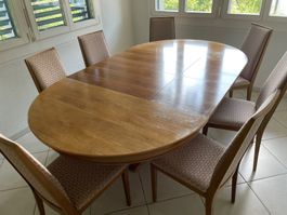 Ausziehbarer massiv Holztisch Nussbau furniert mit 7 Stühlen