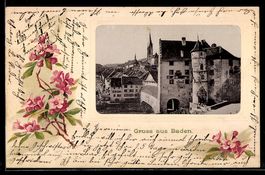 Litho Baden, Schloss, Blütenzweig, Pass