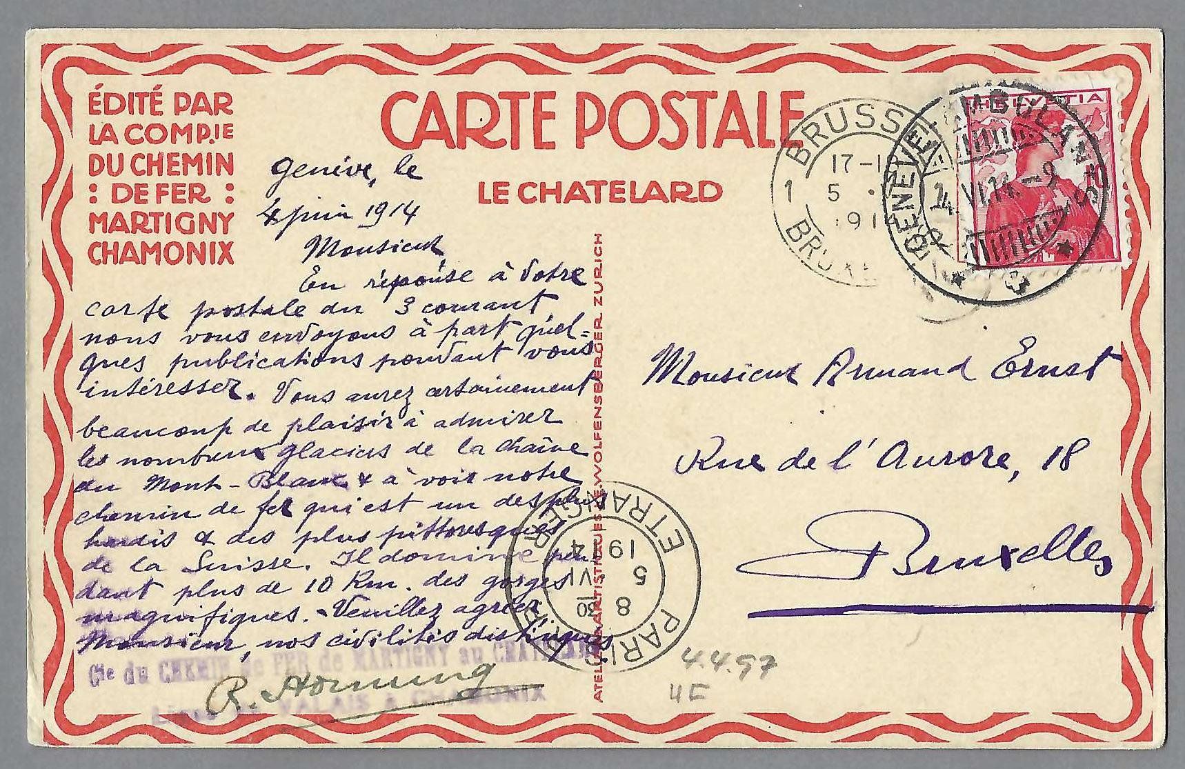 Cartoline postali: 1914, LE CHATELARD, LITO ED. COMP. CHEMIN DE FER MARTIGNY... – Usato da Pura venduto da ulisse1957 1