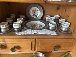 Service à café ancien en étain et porcelaine, parfait!
