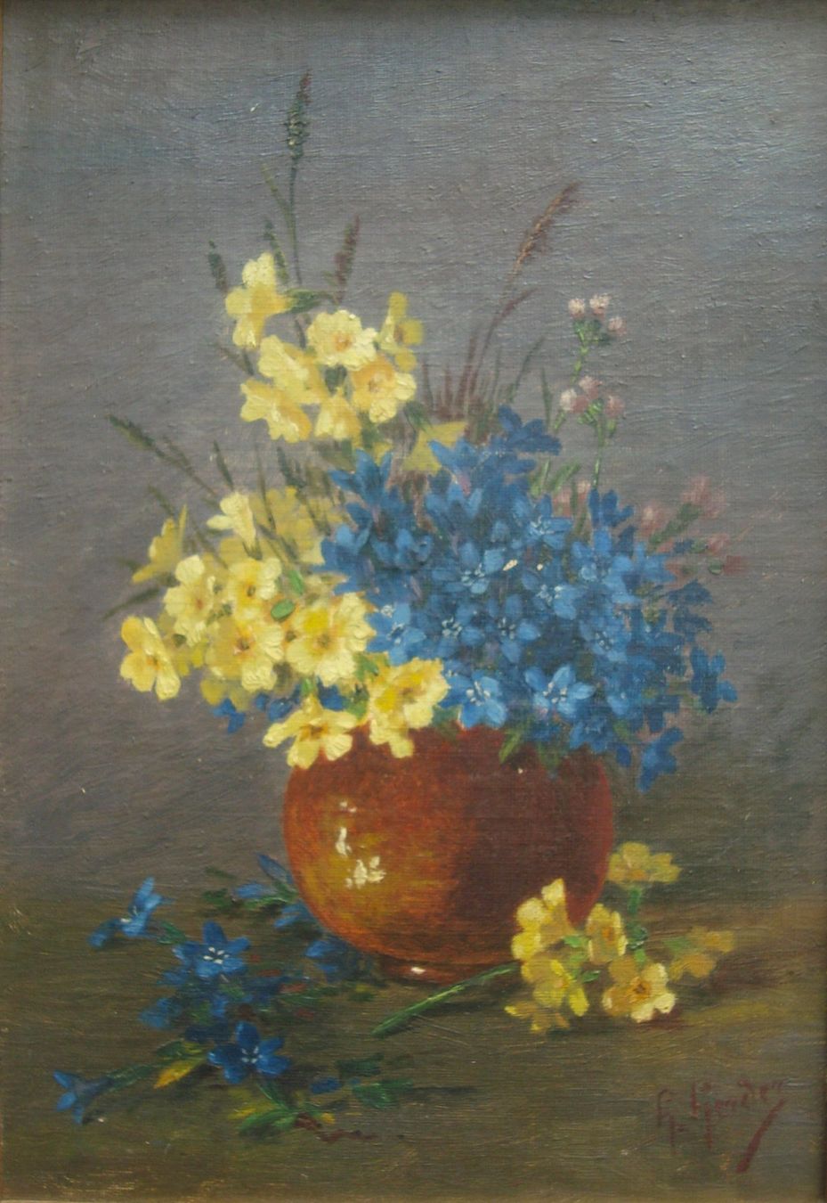 Tableaux: antikes Ölgemälde Blumen Strauss in Vase , signiert – D'occasion à Oberdorf NW par Lufao 2