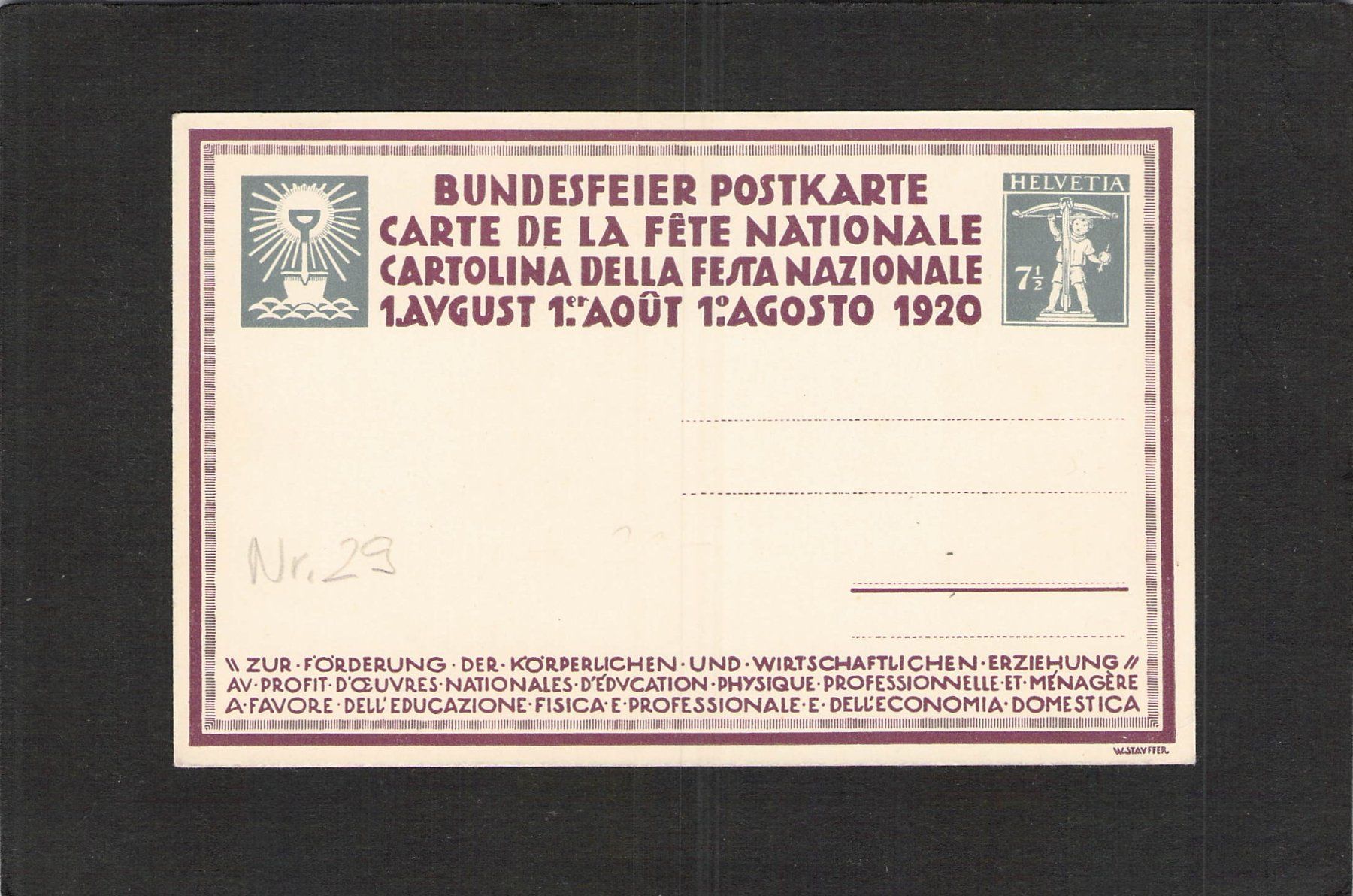 Tutti i francobolli: Bundesfeierkarte 1920 , Nr. 29 – Usato da Reichenburg venduto da ibiza18 1