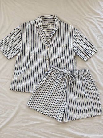 COS Striped Linen Shirt & Shorts Set  Blue / Cream